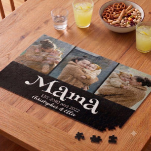 Mom Established Fun Bold Text 3 Photo Black Jigsaw Puzzle