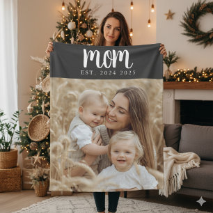 Mom Established Fun Modern Script Photo Fleece Blanket