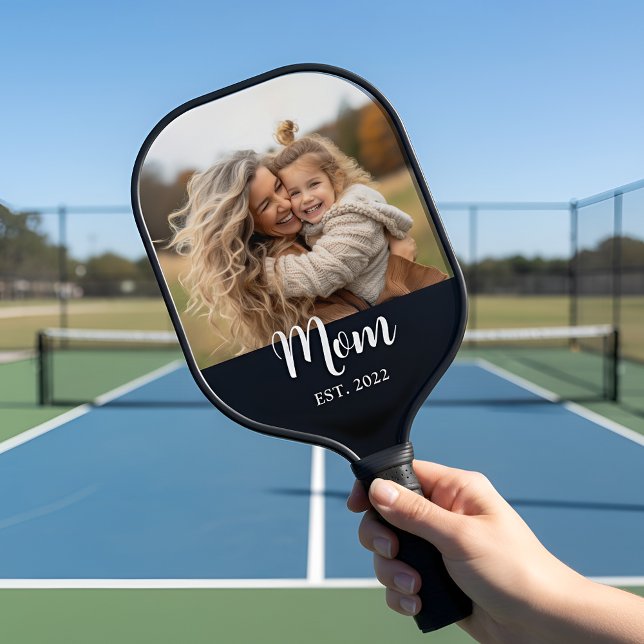 Mom Established Fun Script Photo Black Pickleball Paddle (Mom established script text with photo - a fun gift for mom!)