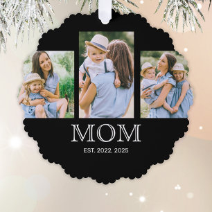 Mom Established Modern 3 Photo Black Ornament Card