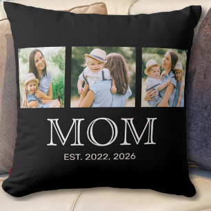 Mom Established Modern 3 Photo Black Throw Pillow
