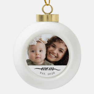 Mom Established Modern Black Script Photo Elegant Ceramic Ball Christmas Ornament