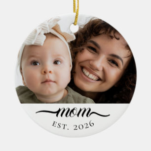 Mom Established Modern Black Script Photo Elegant Ceramic Ornament
