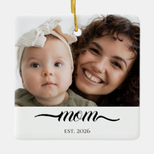 Mom Established Modern Black Script Photo Elegant Ceramic Ornament