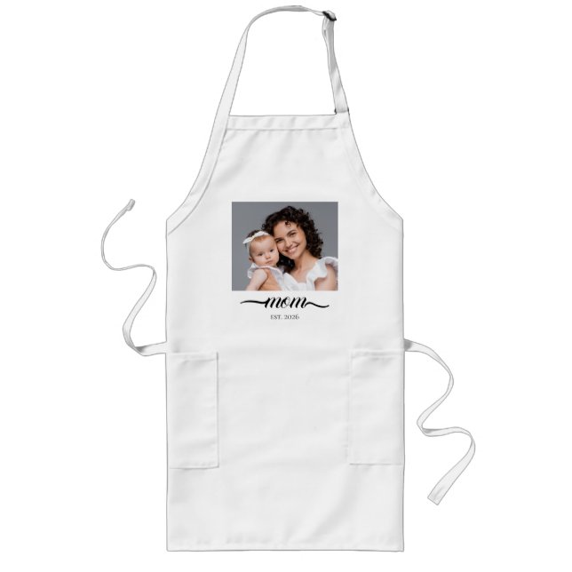 Mom Established Modern Black Script Photo Elegant  Long Apron (Front)
