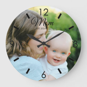 Mom Established Modern Black Script Photo  Large Clock