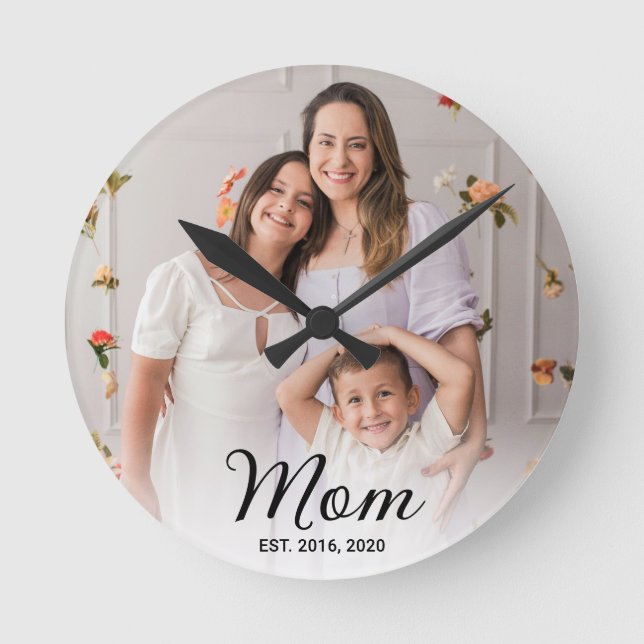 Mom Established Modern Black Script Photo  Round Clock (Front)