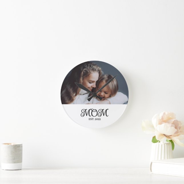 Mom Established Modern Black Script Photo Round Clock (Home)