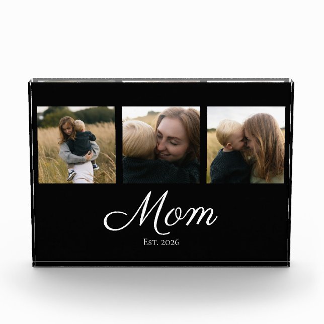 Mom Established Modern Bold Script Black 3 Photo Block (Front)