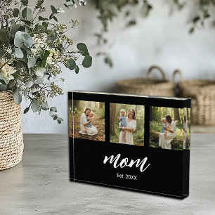 Mom Established Modern Bold Script Black 3 Photo Block