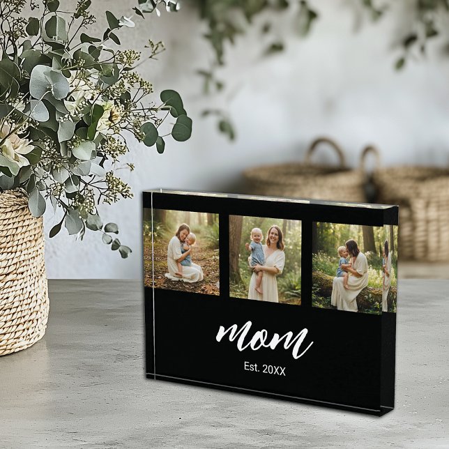 Mom Established Modern Bold Script Black 3 Photo Block (Creator Uploaded)