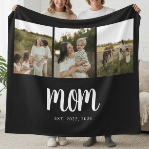 Mom Established Modern Bold Script Black 3 Photo Fleece Blanket