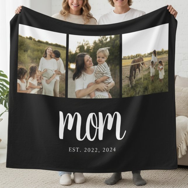 Mom Established Modern Bold Script Black 3 Photo Fleece Blanket (modern 3 photo black and white script mom established blanket gift for mom mother's day christmas)