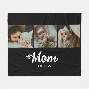 Mom Established Modern Bold Script Black 3 Photo Fleece Blanket