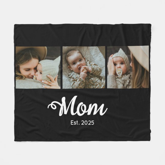 Mom Established Modern Bold Script Black 3 Photo Fleece Blanket (Front (Horizontal))