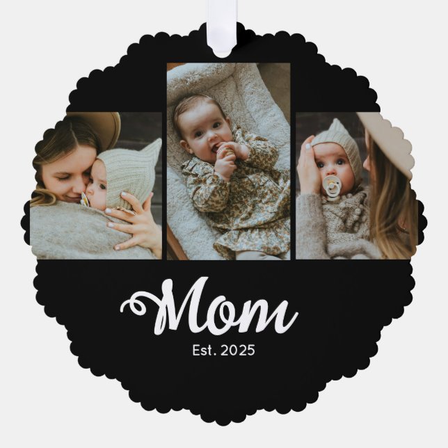 Mom Established Modern Bold Script Black 3 Photo Ornament Card (Front)