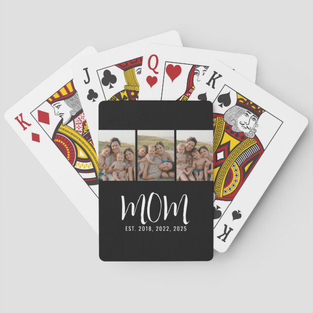 Mom Established Modern Bold Script Black 3 Photo P Playing Cards (Back)