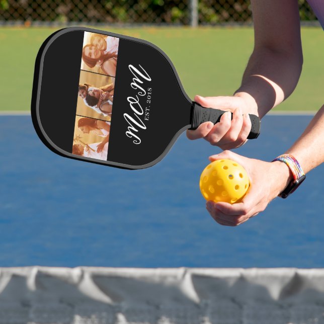 Mom Established Modern Bold Script Black 3 Photo Pickleball Paddle (Insitu)