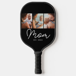 Mom Established Modern Bold Script Black 3 Photo Pickleball Paddle