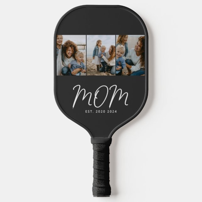 Mom Established Modern Bold Script Black 3 Photo Pickleball Paddle (Front)