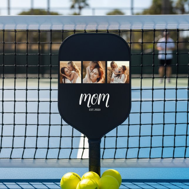Mom Established Modern Bold Script Black 3 Photo Pickleball Paddle (Creator Uploaded)