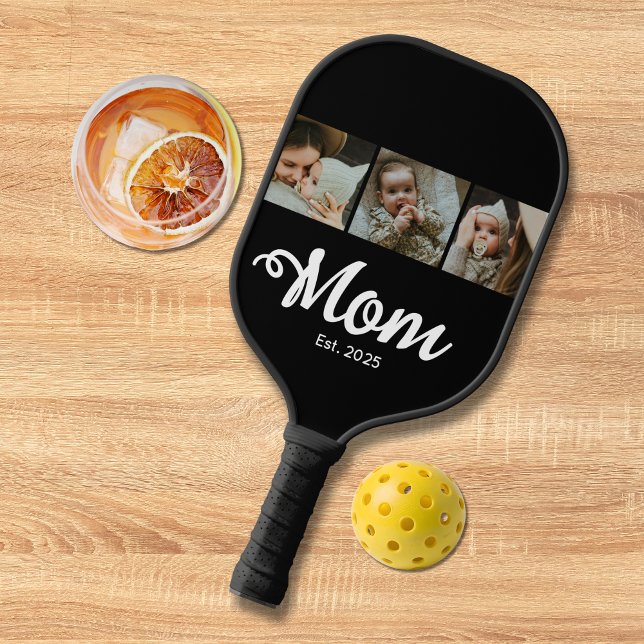 Mom Established Modern Bold Script Black 3 Photo Pickleball Paddle (Mom Established Modern Bold Script 3 Photo Black White Pickleball Paddle with Photos, Mom, Years.)