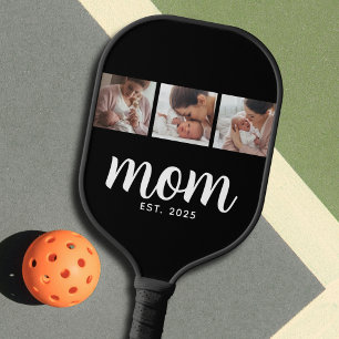 Mom Established Modern Bold Script Black 3 Photo Pickleball Paddle