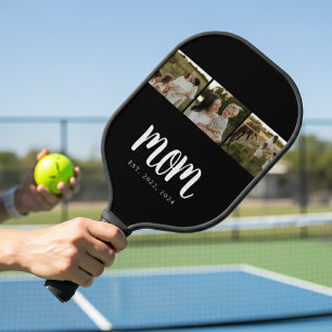 Mom Established Modern Bold Script Black 3 Photo Pickleball Paddle