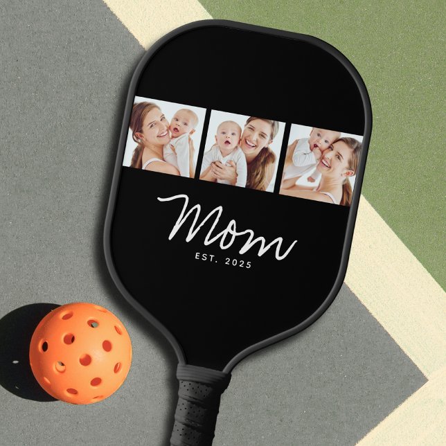 Mom Established Modern Bold Script Black 3 Photo Pickleball Paddle (Creator Uploaded)