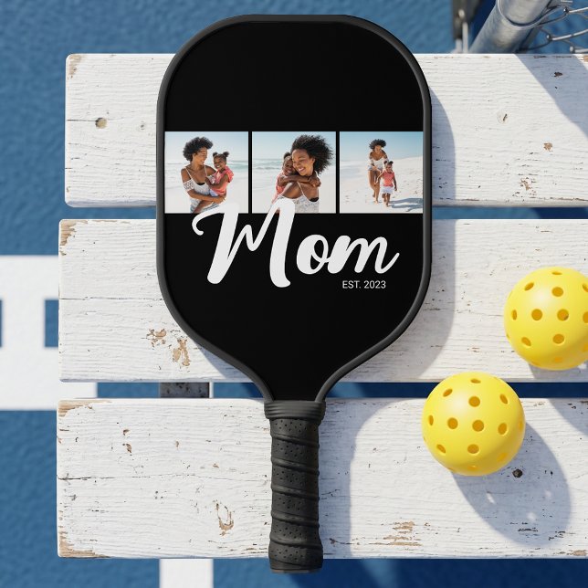 Mom Established Modern Bold Script Black 3 Photo Pickleball Paddle (Mom Established Modern Bold Script Black 3 Photo Pickleball Paddle)