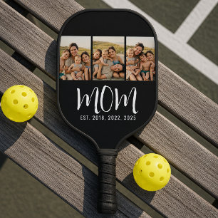 Mom Established Modern Bold Script Black 3 Photo Pickleball Paddle