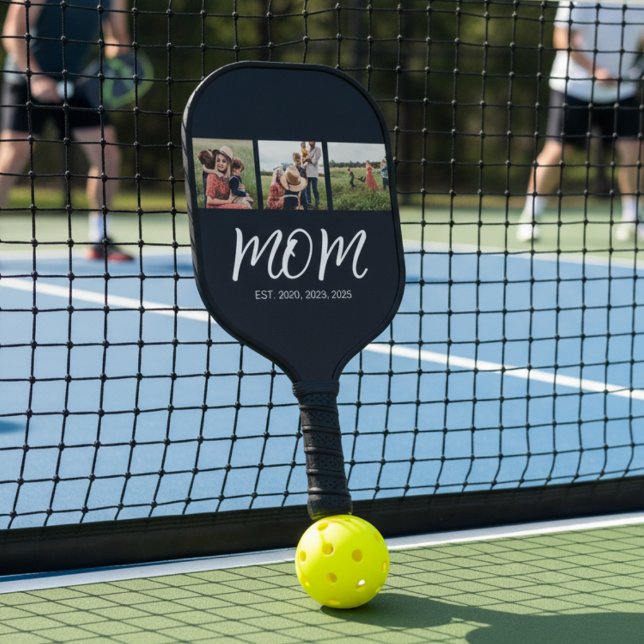 Mom Established Modern Bold Script Black 3 Photo Pickleball Paddle (Creator Uploaded)