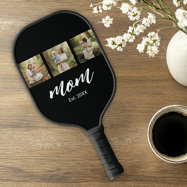 Mom Established Modern Bold Script Black 3 Photo Pickleball Paddle (Creator Uploaded)