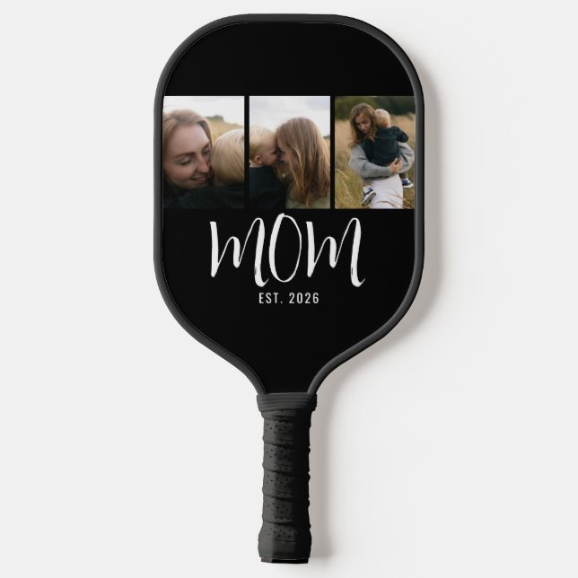 Mom Established Modern Bold Script Black 3 Photo Pickleball Paddle (Back)