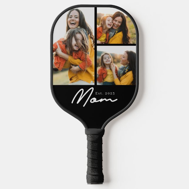 Mom Established Modern Bold Script Black 3 Photo Pickleball Paddle (Front)