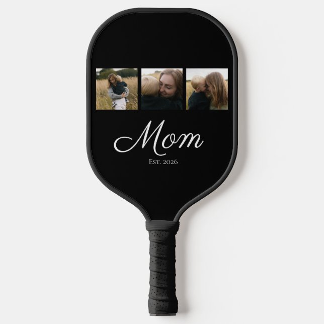 Mom Established Modern Bold Script Black 3 Photo Pickleball Paddle (Front)