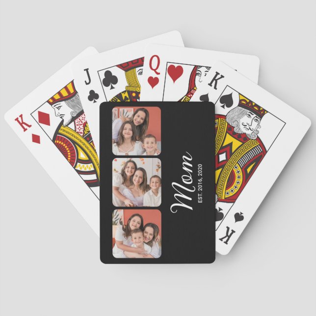 Mom Established Modern Bold Script Black 3 Photo Playing Cards (Back)