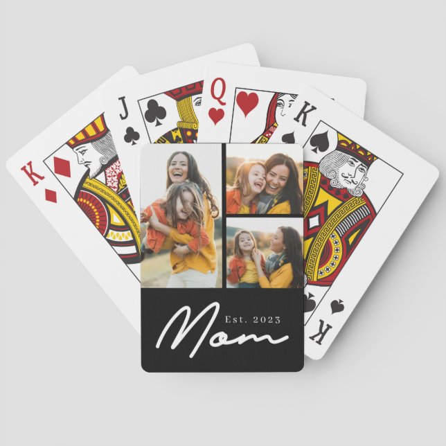 Mom Established Modern Bold Script Black 3 Photo Playing Cards (Back)