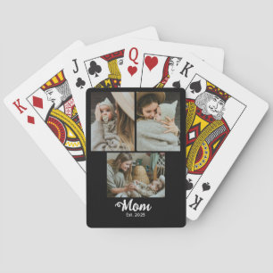 Mom Established Modern Bold Script Black 3 Photo Playing Cards