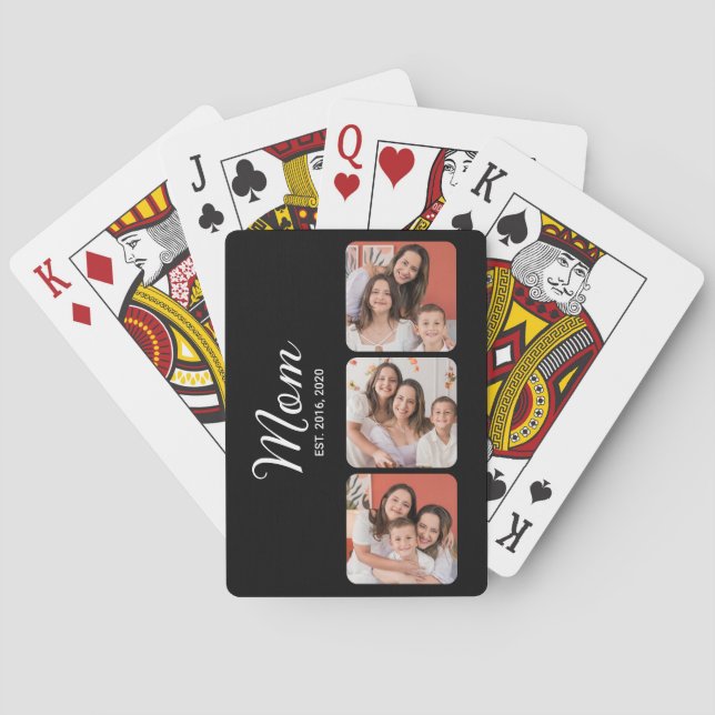 Mom Established Modern Bold Script Black 3 Photo Playing Cards (Back)