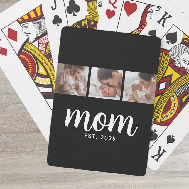 Mom Established Modern Bold Script Black 3 Photo Playing Cards (Creator Uploaded)