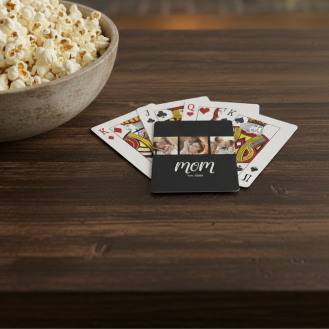 Mom Established Modern Bold Script Black 3 Photo Playing Cards (Creator Uploaded)