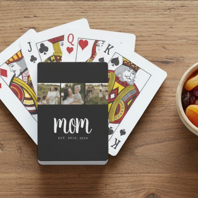 Mom Established Modern Bold Script Black 3 Photo Playing Cards (modern 3 photo black and white script mom established card deck stocking stuffer small gift for mom)