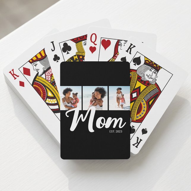 Mom Established Modern Bold Script Black 3 Photo Playing Cards (Mom Established Modern Bold Script Black 3 Photo Poker Cards)