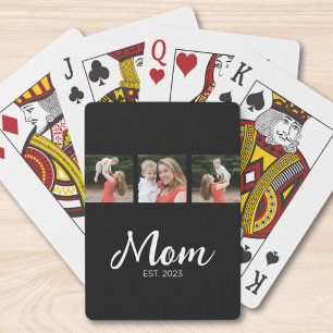 Mom Established Modern Bold Script Black 3 Photo Playing Cards
