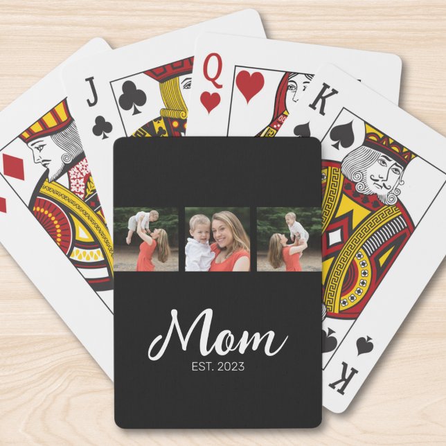 Mom Established Modern Bold Script Black 3 Photo Playing Cards (Creator Uploaded)