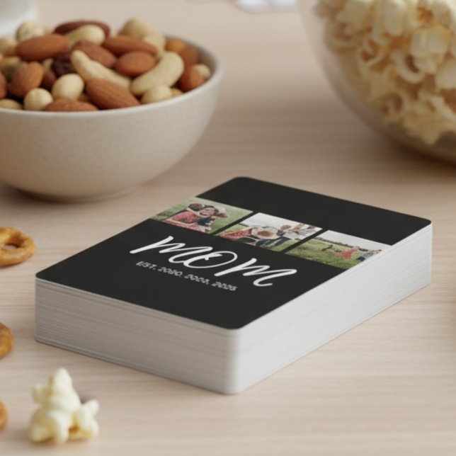 Mom Established Modern Bold Script Black 3 Photo Playing Cards (Creator Uploaded)