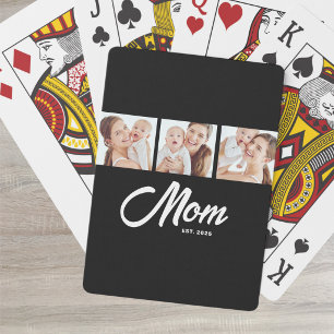 Mom Established Modern Bold Script Black 3 Photo Playing Cards