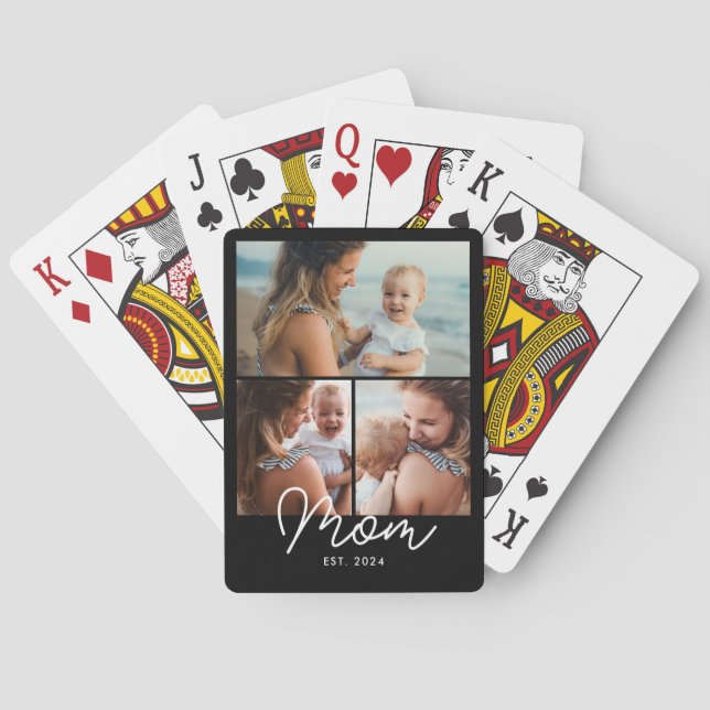 Mom Established Modern Bold Script Black 3 Photo Playing Cards (Back)