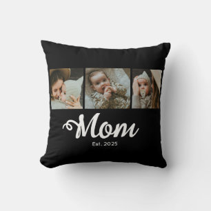 Mom Established Modern Bold Script Black 3 Photo Throw Pillow
